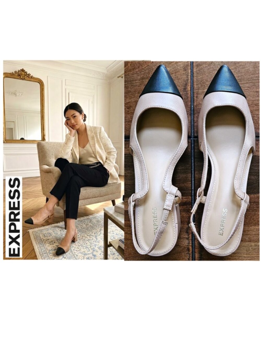 EXPRESS - Classic, elegant tan and black cap toed pointed block heels